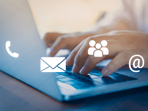 Person typing on computer with contact icons overlayed