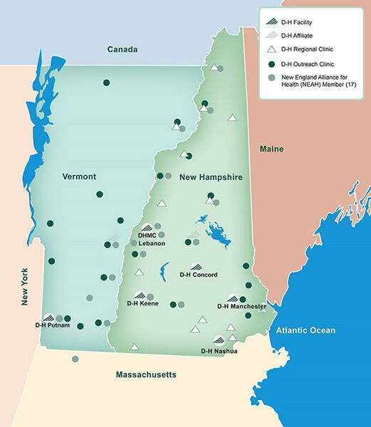 A map of New Hampshire and Vermont showing Dartmouth-Hitchcock locations.